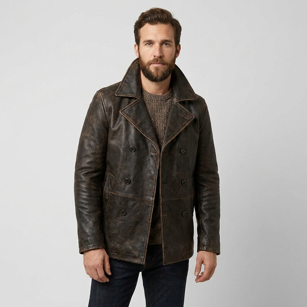 Gipsy Distressed Brown Leather Pea Coat Jacket