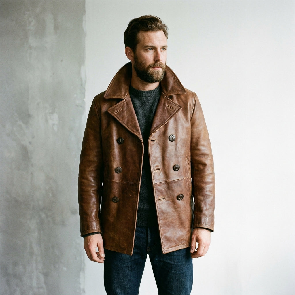 Men's Brown Double-Breasted Leather Peacoat