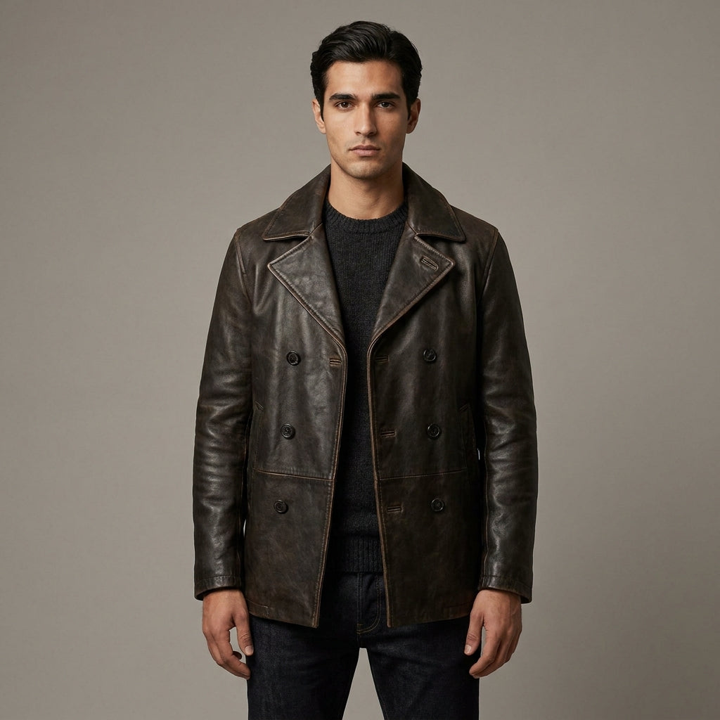 Men's Vintage Brown Leather Peacoat Jacket