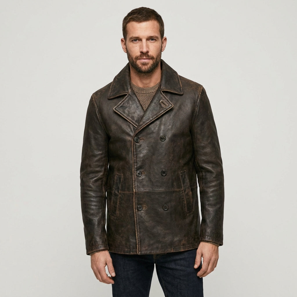 Vintage Brown Leather Peacoat Jacket for Men