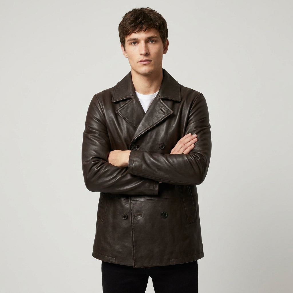 The Jacket Maker Brown Leather Jacket with Structured Collar