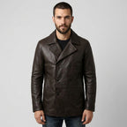 Gipsy Distressed Brown Double-Breasted Leather Peacoat Jacket