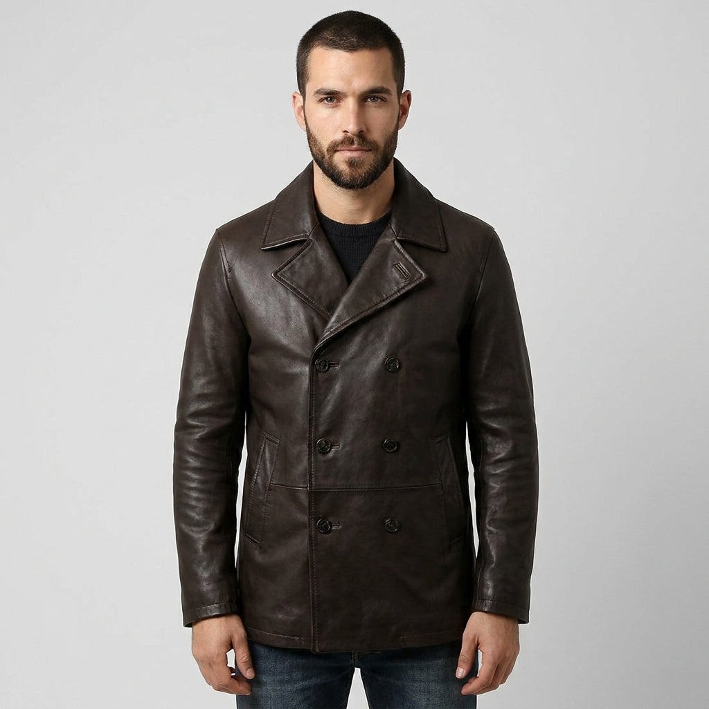 Gipsy Distressed Brown Double-Breasted Leather Peacoat Jacket