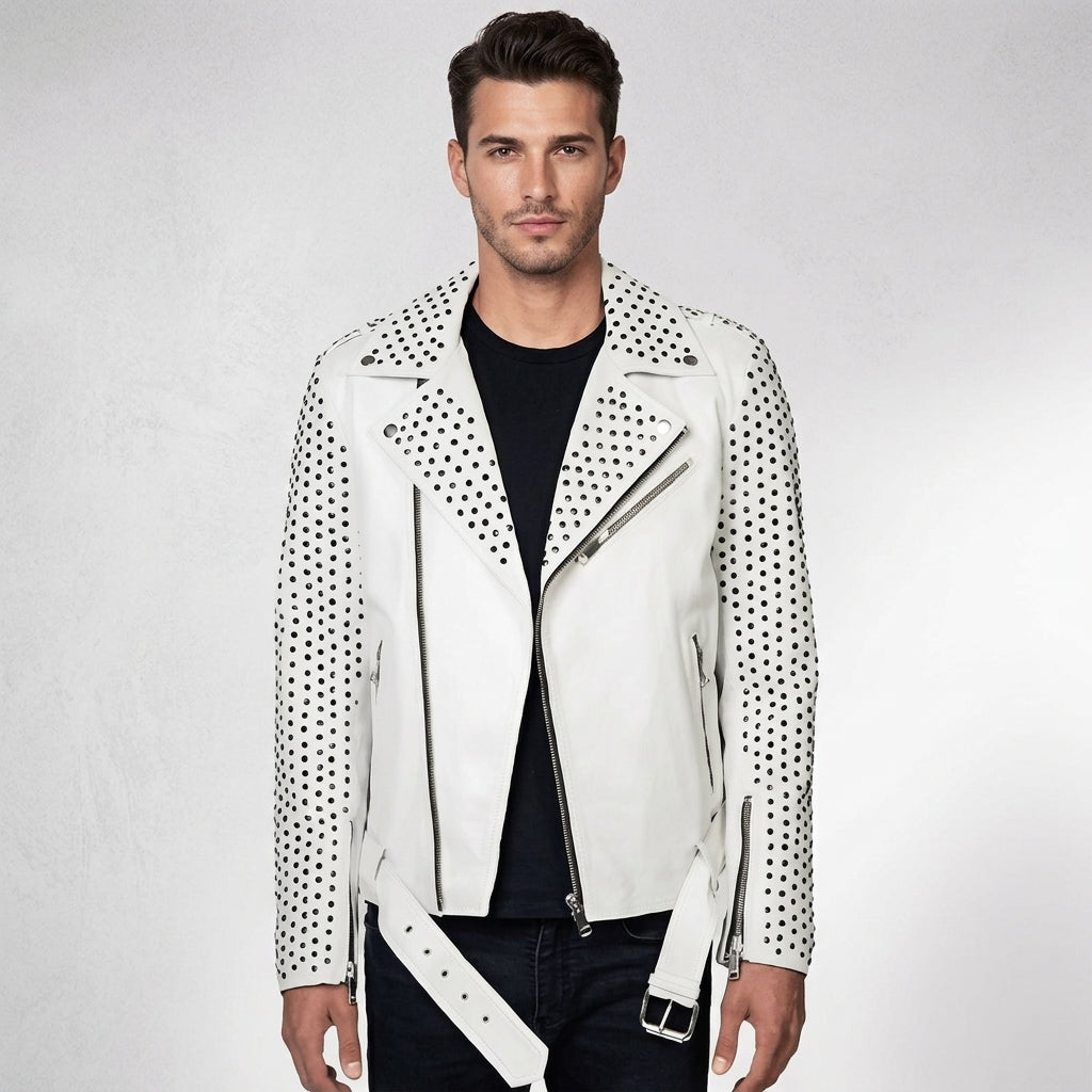 Men’s White Studded Biker Leather Jacket