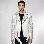 Men’s White Studded Biker Leather Jacket
