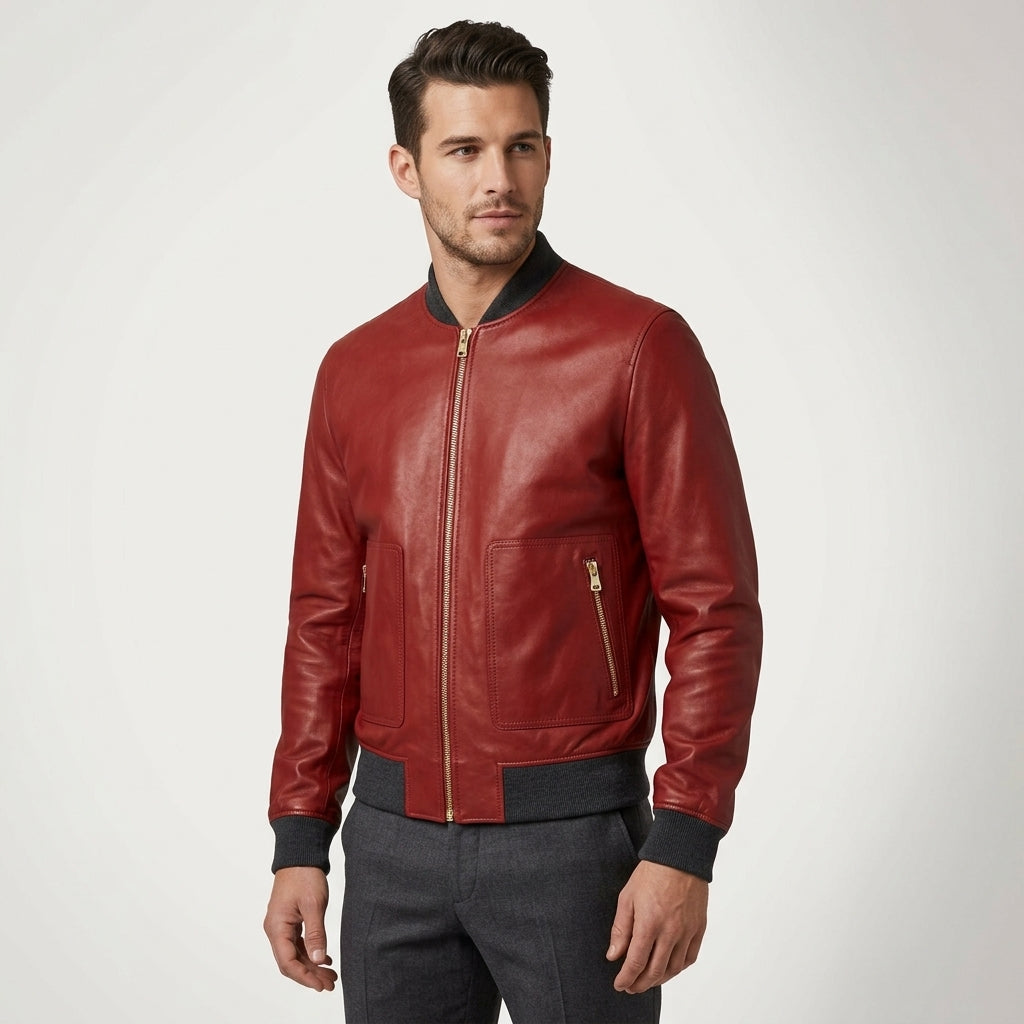 Men’s Red Lambskin Leather Bomber Jacket