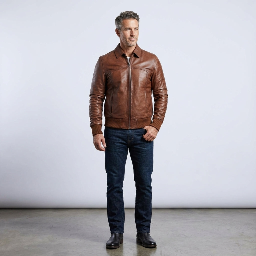 Men’s Vintage Brown Leather Bomber Jacket