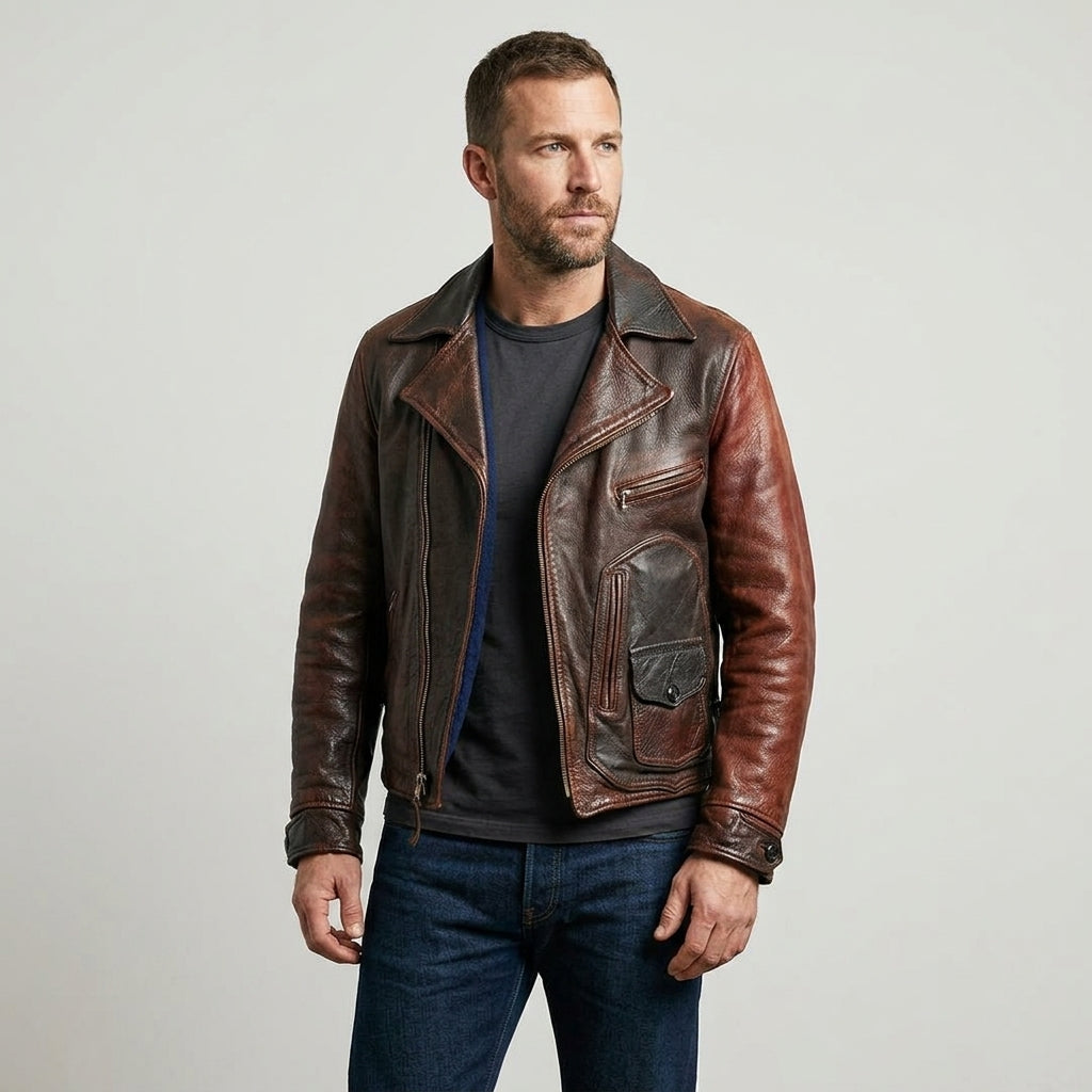 Men’s 1920s Vintage D-Pocket Distressed Leather Jacket