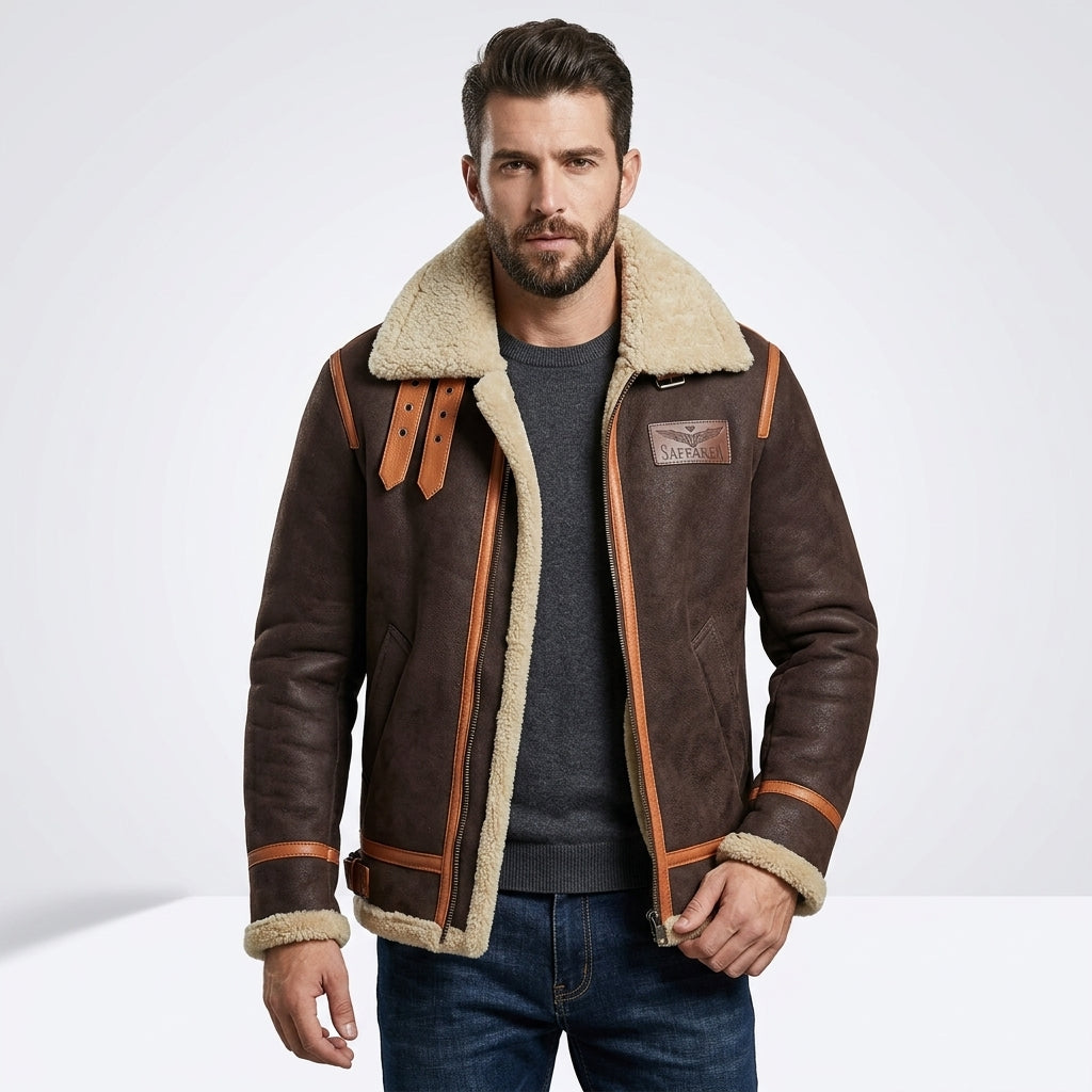 Men’s Brown B-3 Aviator Sheepskin Shearling Bomber Jacket