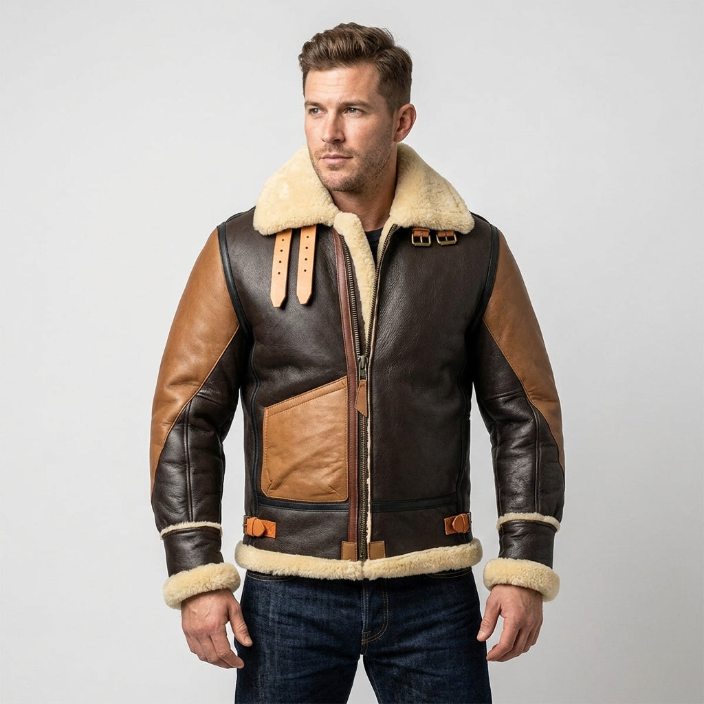 Men’s Brown B-3 Aviator Sheepskin Shearling Bomber Jacket