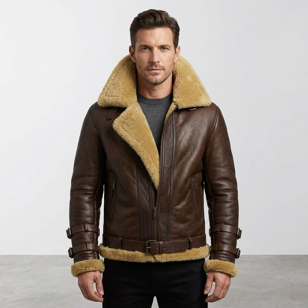 Men’s Brown B-3 Aviator Sheepskin Shearling Bomber Jacket