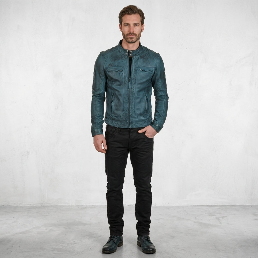 Men’s Cafe Racer Distressed Biker Leather Jacket