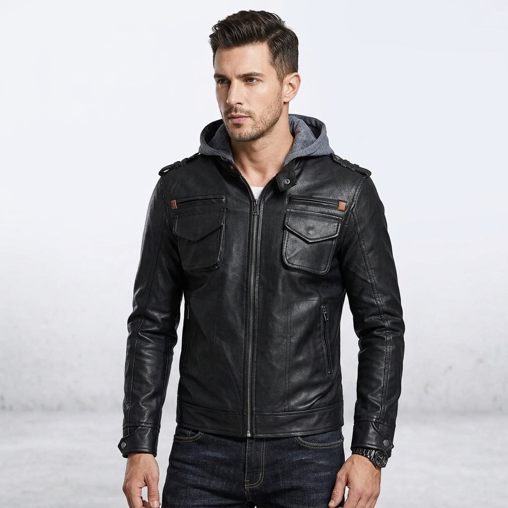 Men’s Brando Motorcycle Biker Leather Jacket with Hood