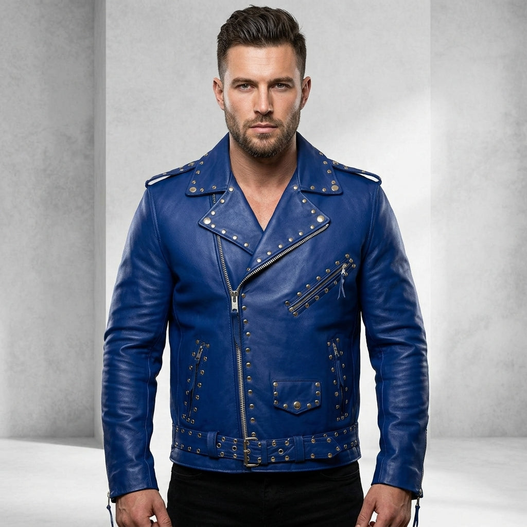 Men’s Blue Studded Leather Biker Jacket