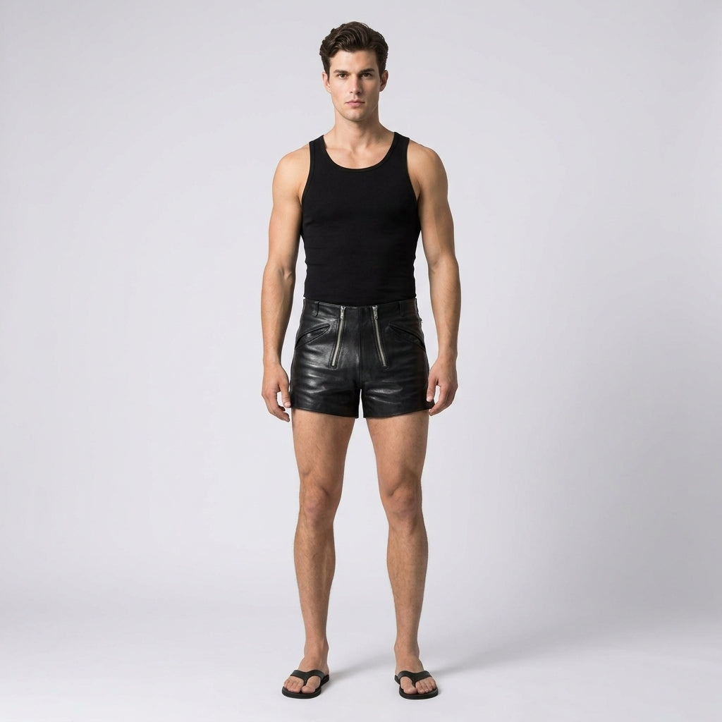 Men’s Black Double Zipper Leather Shorts