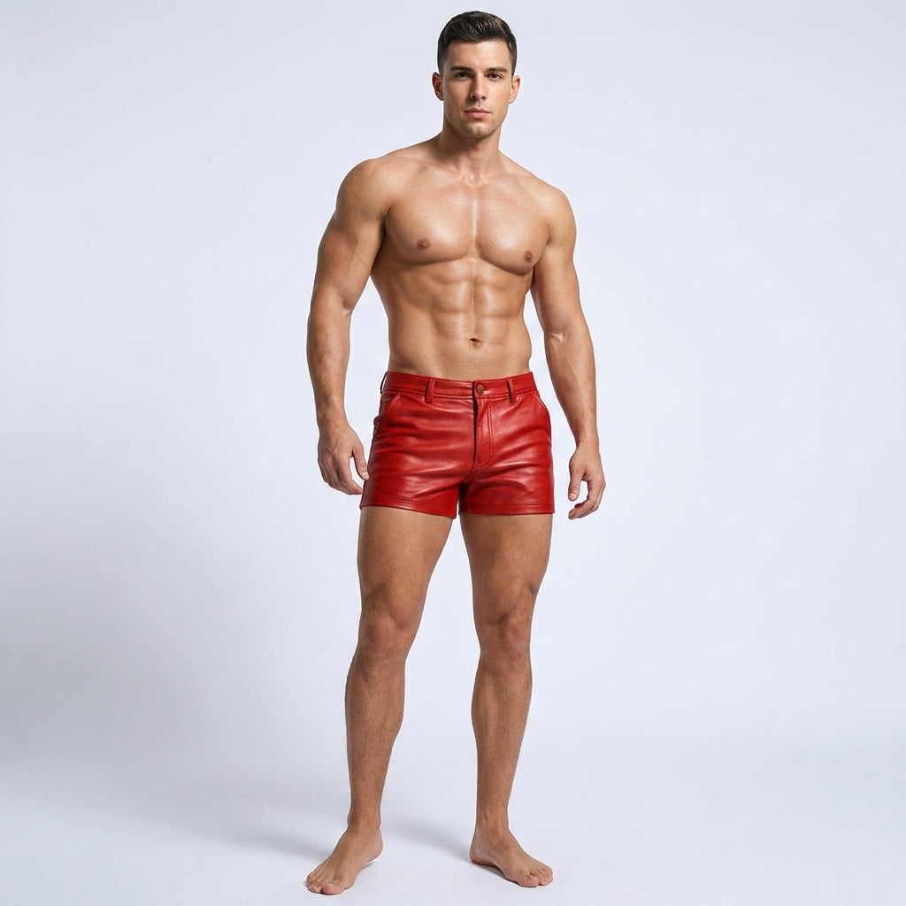 Men’s Red Leather Slim Fit Shorts