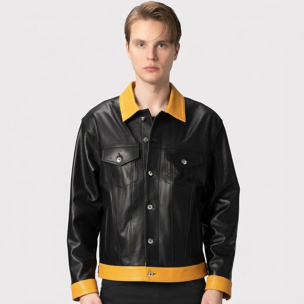 Men’s Black Leather Trucker Jacket