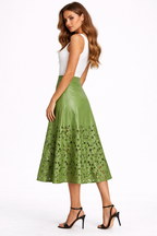 Meadow Green Genuine Leather Midi Skirt