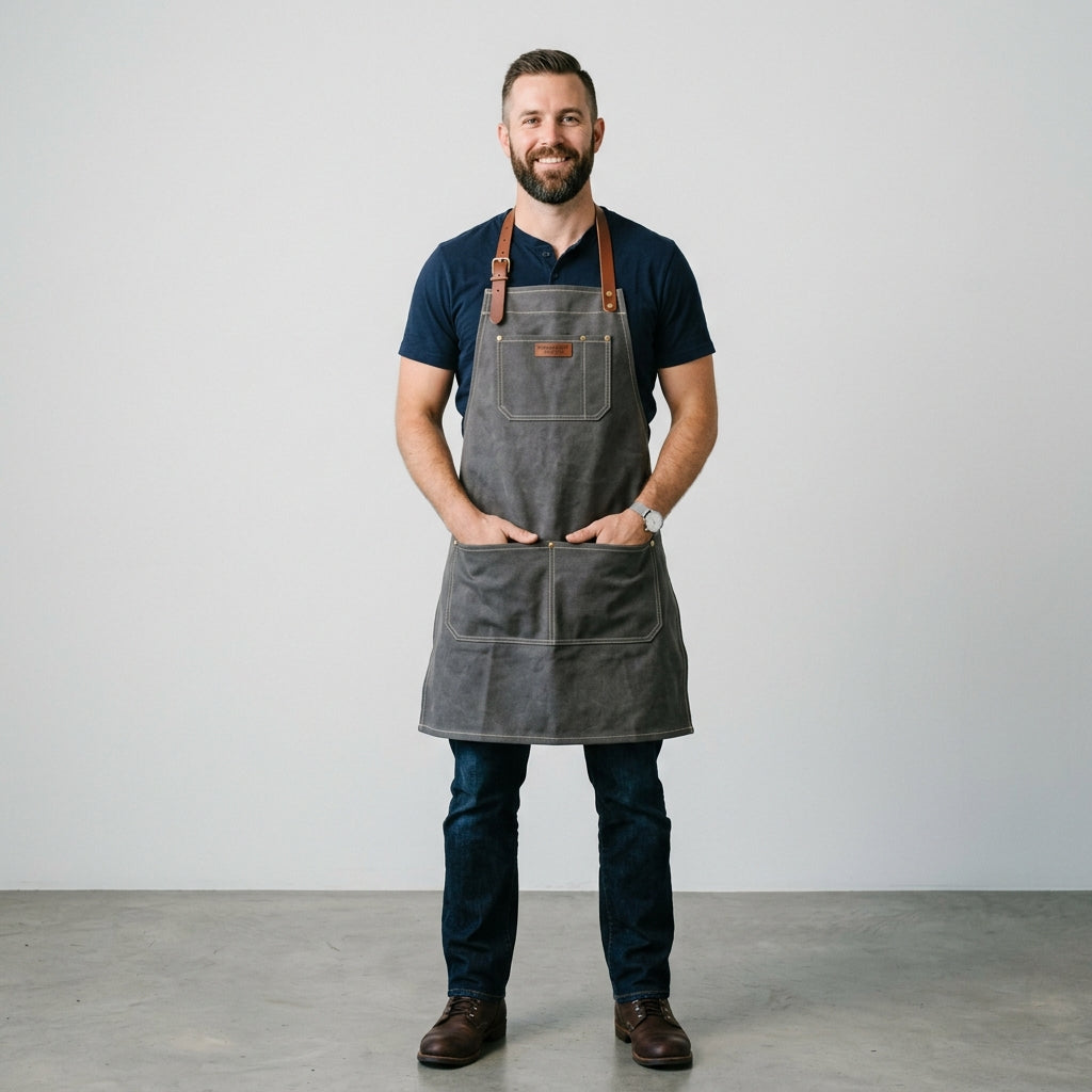 Dapper Dan Charcoal Waxed Canvas Apron with Brown Leather Straps