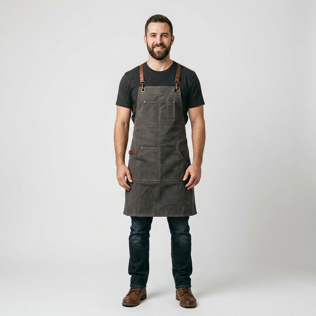 Waxed Canvas Apron with Leather Cross-Back Straps & Utility Pockets