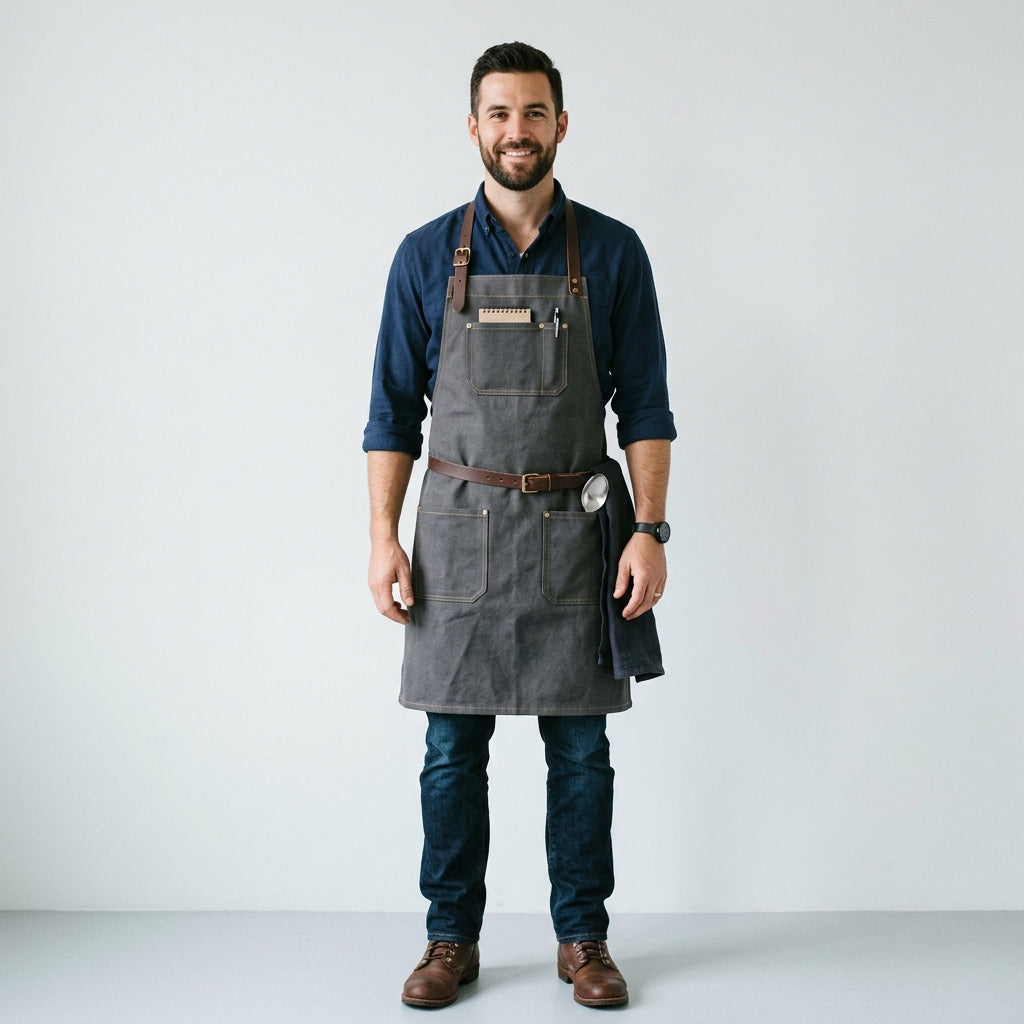 Heavy-Duty Dark Grey Canvas Work Apron with Brown Leather Straps & Pockets