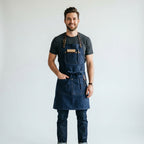 Dark Blue Denim Work Apron with Adjustable Leather Straps & Pockets