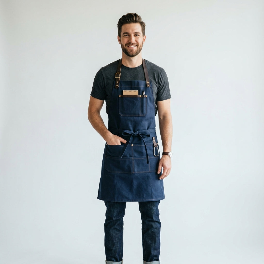 Dark Blue Denim Work Apron with Adjustable Leather Straps & Pockets
