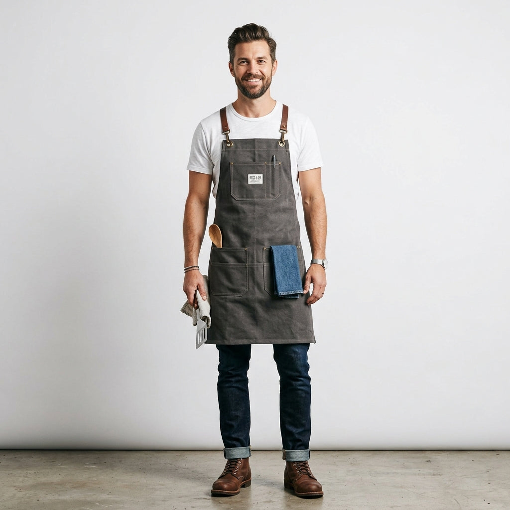 Charcoal Grey Canvas Bib Apron with Brown Leather Cross-Back Straps & Brade a CEO Patch