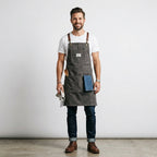 Charcoal Grey Canvas Bib Apron with Brown Leather Cross-Back Straps & Brade a CEO Patch