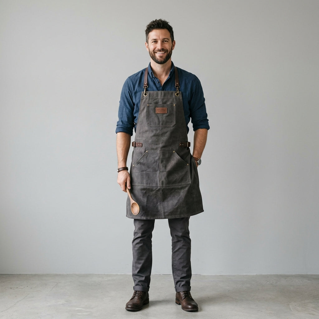 Waxed Canvas Work Apron with Leather Cross-Back Straps & Utility Pockets