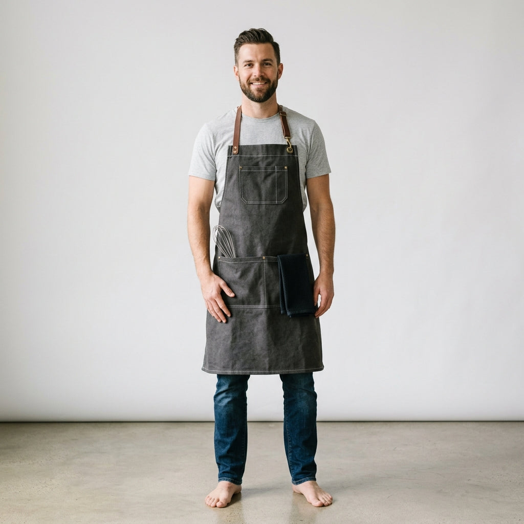 Charcoal Gray Waxed Canvas Apron with Adjustable Brown Leather Straps