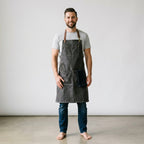 Charcoal Gray Waxed Canvas Apron with Adjustable Brown Leather Straps