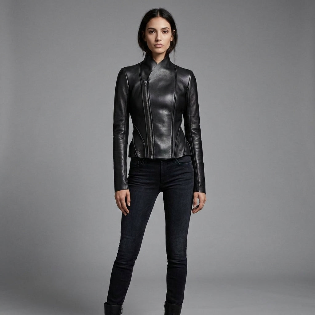 Women’s Black Asymmetrical Zip-Up Leather Biker Jacket