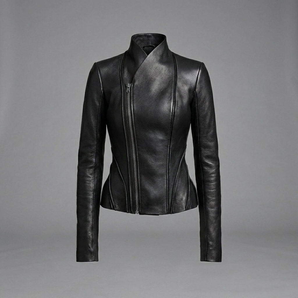 Women’s Black Asymmetrical Zip-Up Leather Biker Jacket