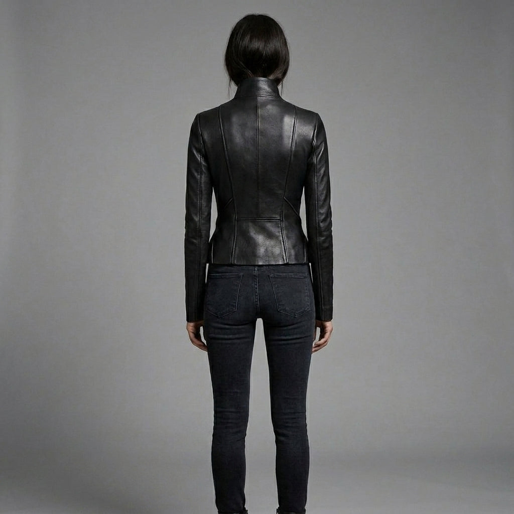 Women’s Black Asymmetrical Zip-Up Leather Biker Jacket