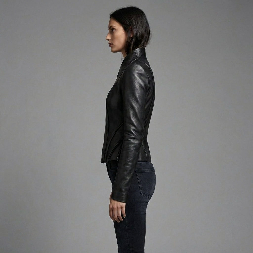 Women’s Black Asymmetrical Zip-Up Leather Biker Jacket