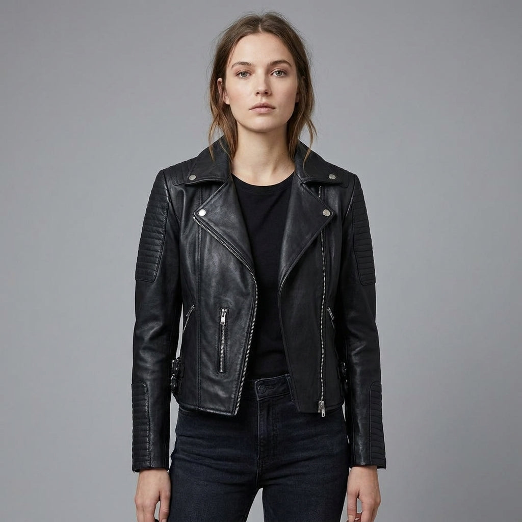 Women’s Black Quilted Shoulder Moto Biker Leather Jacket