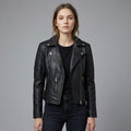 Women’s Black Quilted Shoulder Moto Biker Leather Jacket