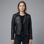 Women’s Black Quilted Shoulder Moto Biker Leather Jacket