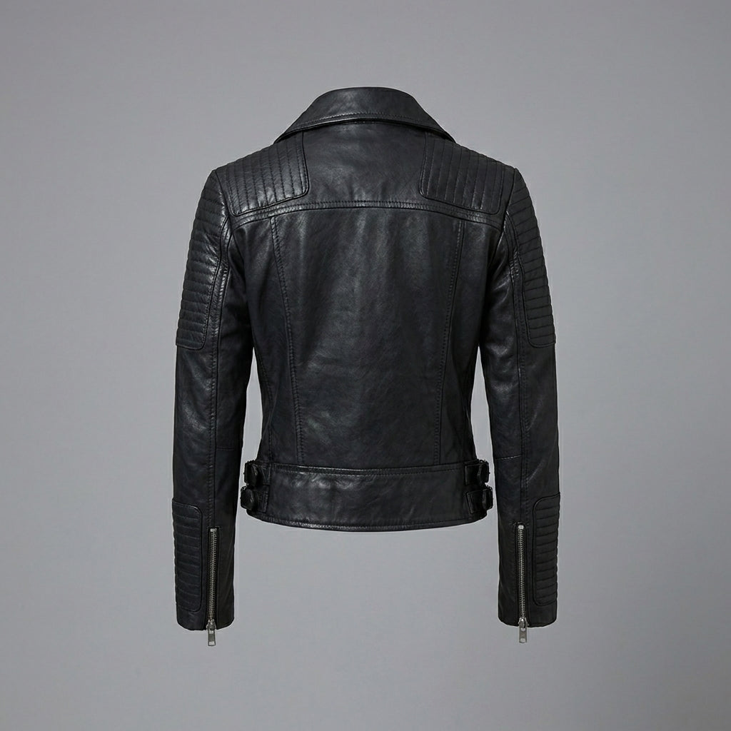 Women’s Black Quilted Shoulder Moto Biker Leather Jacket