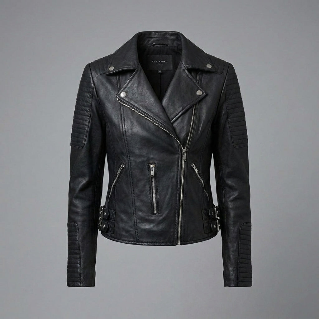Women’s Black Quilted Shoulder Moto Biker Leather Jacket