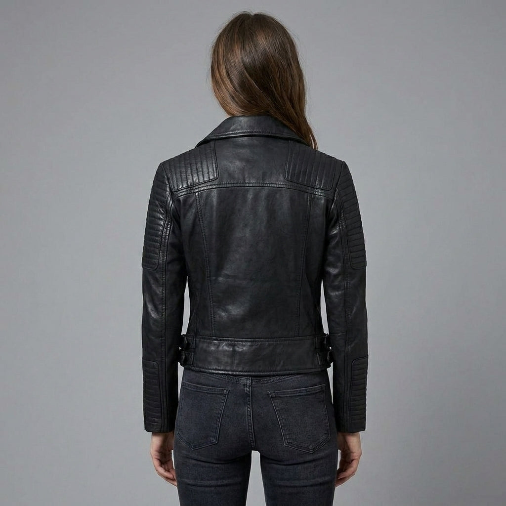 Women’s Black Quilted Shoulder Moto Biker Leather Jacket