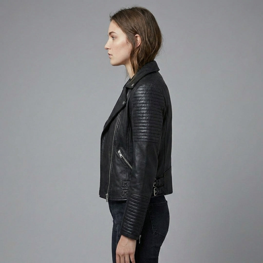 Women’s Black Quilted Shoulder Moto Biker Leather Jacket