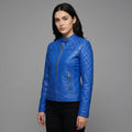 Men’s Blue Bend Collar Leather Biker Jacket