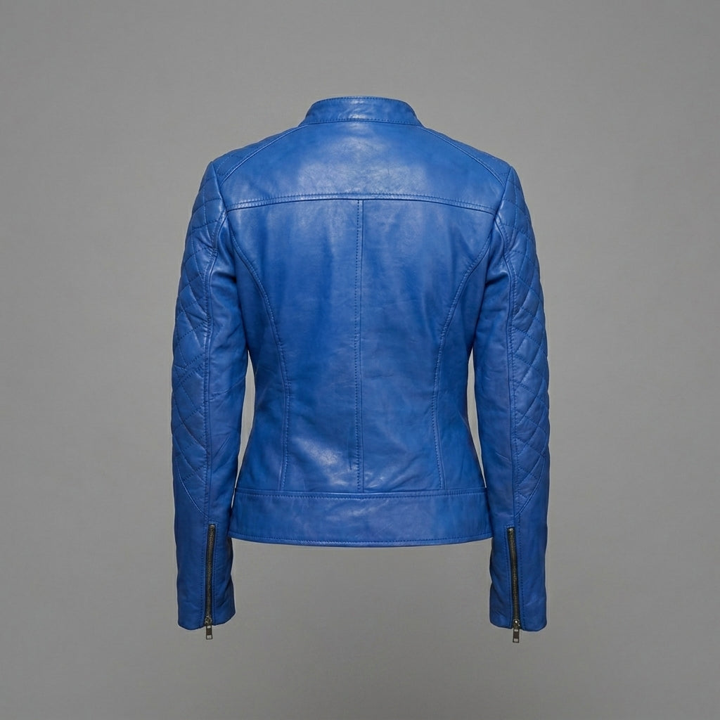 Men’s Blue Bend Collar Leather Biker Jacket