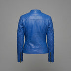 Men’s Blue Bend Collar Leather Biker Jacket