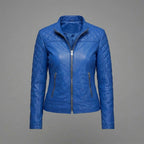 Men’s Blue Bend Collar Leather Biker Jacket