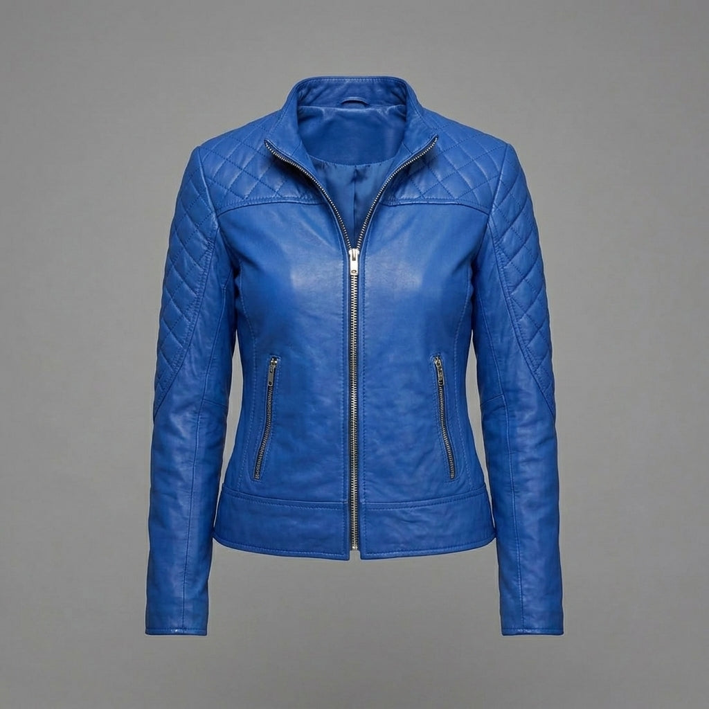 Men’s Blue Bend Collar Leather Biker Jacket