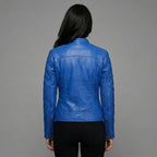 Men’s Blue Bend Collar Leather Biker Jacket