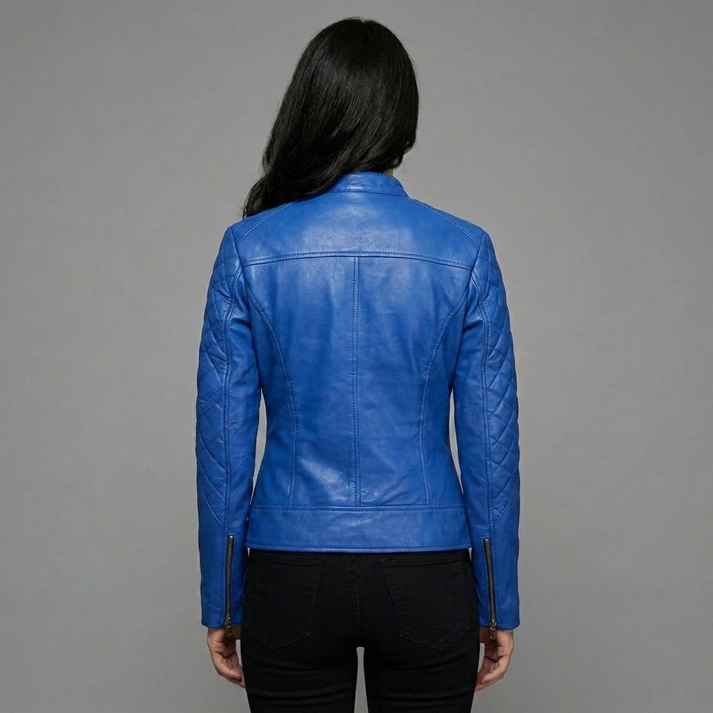 Men’s Blue Bend Collar Leather Biker Jacket